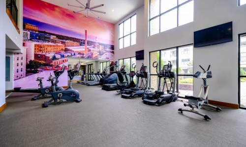 a room with exercise equipment and a wall with art on it