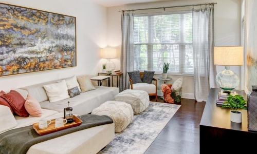 a living room with a large window