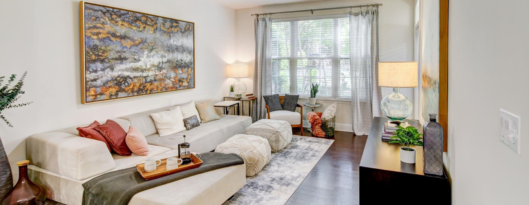 a living room with a large window