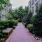 a brick walkway between buildings